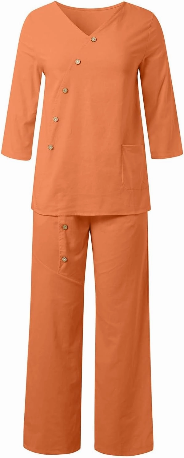 Womens Cotton Linen Lounge Sets 2025 Dressy Matching Summer 2 Piece Loungewear Set Wide Leg Pants Tracksuits