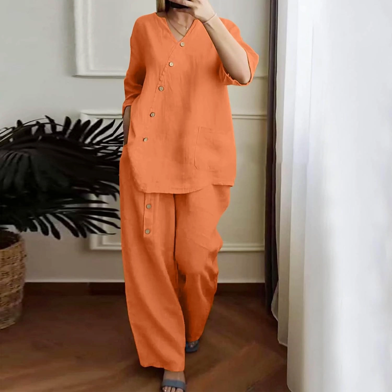 Womens Cotton Linen Lounge Sets 2025 Dressy Matching Summer 2 Piece Loungewear Set Wide Leg Pants Tracksuits