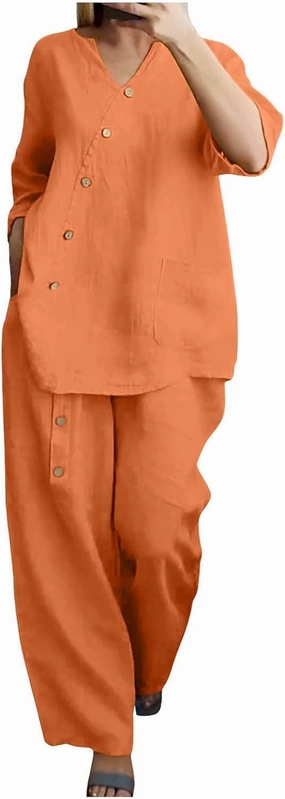 Womens Cotton Linen Lounge Sets 2025 Dressy Matching Summer 2 Piece Loungewear Set Wide Leg Pants Tracksuits