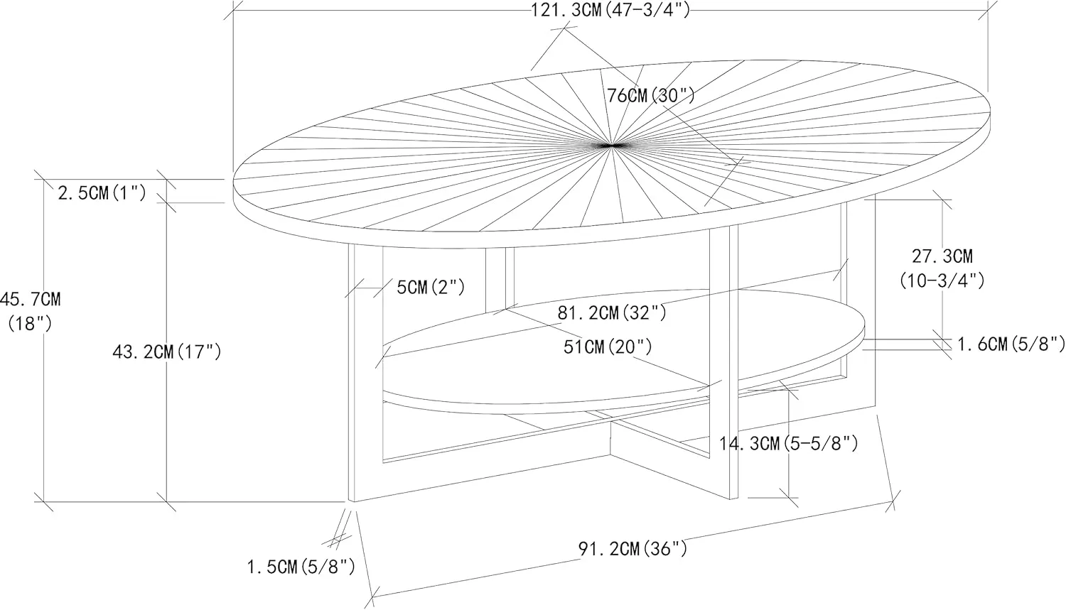 Wood Oval Coffee Table for Living Room, 2 Tier Circle Rustic Coffee Table with Storage Shelf ＆ Metal Legs for Apartment, Easy Assembly (Espresso,47" Dx30 Wx18 H)