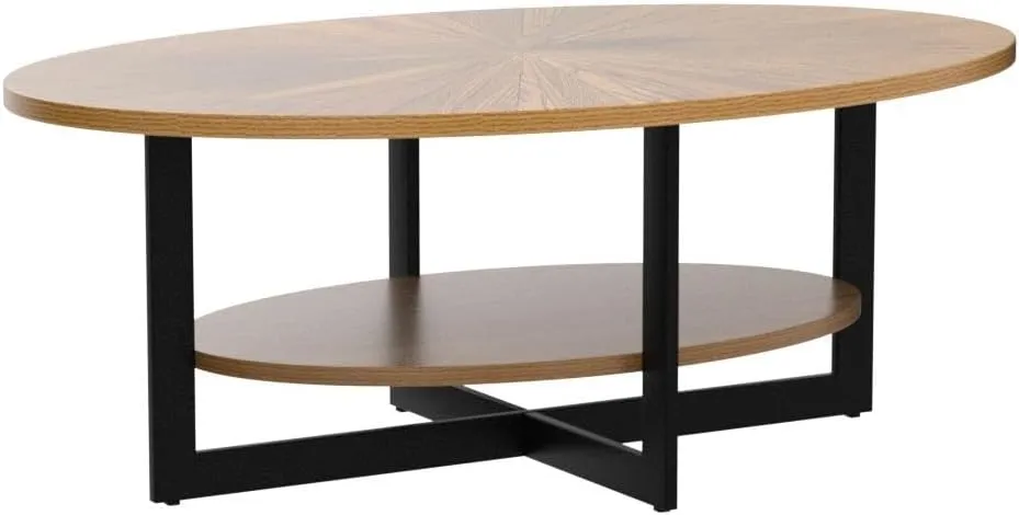 Wood Oval Coffee Table for Living Room, 2 Tier Circle Rustic Coffee Table with Storage Shelf ＆ Metal Legs for Apartment, Easy Assembly (Espresso,47" Dx30 Wx18 H)