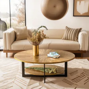 Wood Oval Coffee Table for Living Room, 2 Tier Circle Rustic Coffee Table with Storage Shelf ＆ Metal Legs for Apartment, Easy Assembly (Espresso,47" Dx30 Wx18 H)