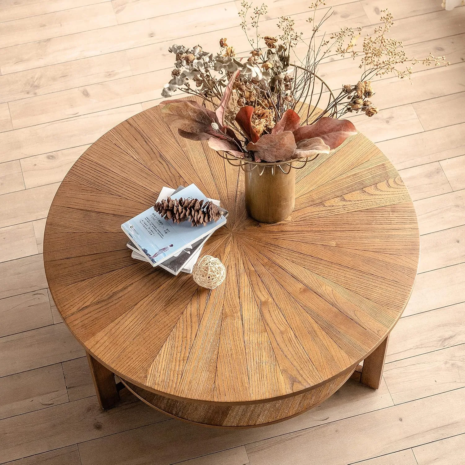 Wood Round Coffee Table for Living Room, 2 Tier Circle Coffee Table with Storage, Rustic Natural Coffee Table for Apartment, Easy Assembly (Espresso,35" Dx35 Wx18 H)