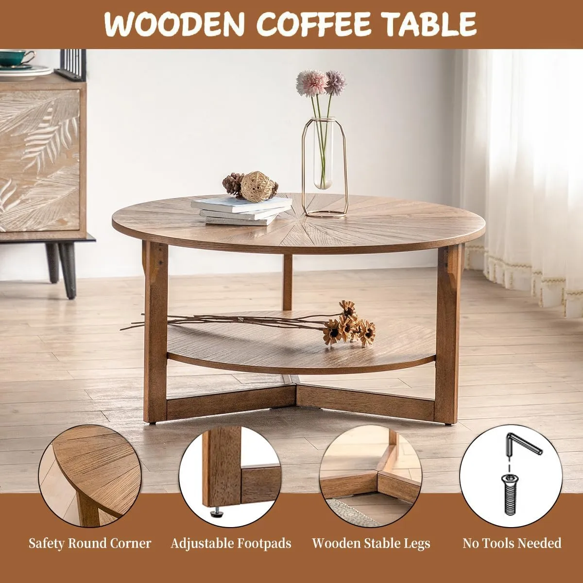 Wood Round Coffee Table for Living Room, 2 Tier Circle Coffee Table with Storage, Rustic Natural Coffee Table for Apartment, Easy Assembly (Espresso,35" Dx35 Wx18 H)