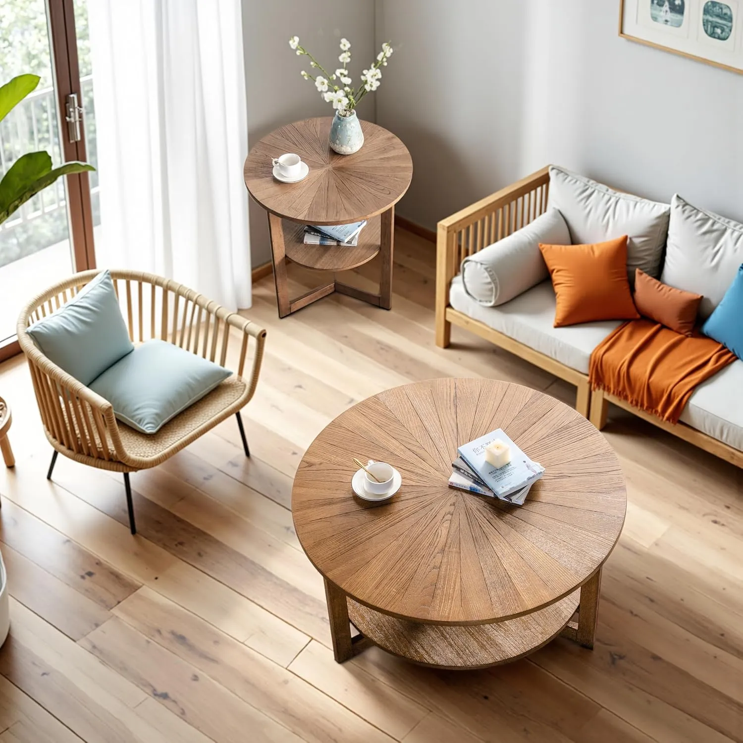 Wood Round Coffee Table for Living Room, 2 Tier Circle Coffee Table with Storage, Rustic Natural Coffee Table for Apartment, Easy Assembly (Espresso,35" Dx35 Wx18 H)
