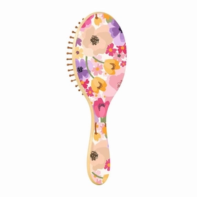 Wood Hair Brush Scalp Massage Comb Oval Paddle Detangling Brush Silicone Cushion Massaging Scalp Women Men Wet Dry Curly Thick Thin Hair Pink Floral