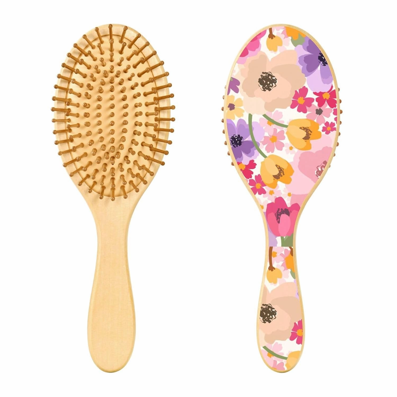 Wood Hair Brush Scalp Massage Comb Oval Paddle Detangling Brush Silicone Cushion Massaging Scalp Women Men Wet Dry Curly Thick Thin Hair Pink Floral