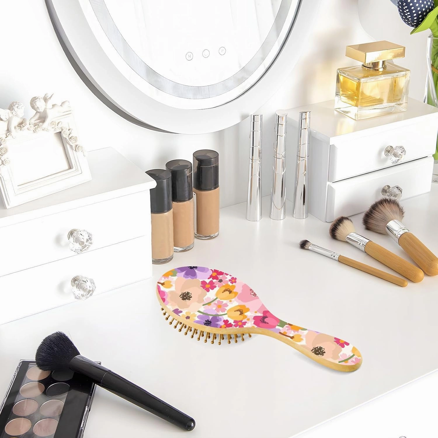 Wood Hair Brush Scalp Massage Comb Oval Paddle Detangling Brush Silicone Cushion Massaging Scalp Women Men Wet Dry Curly Thick Thin Hair Pink Floral