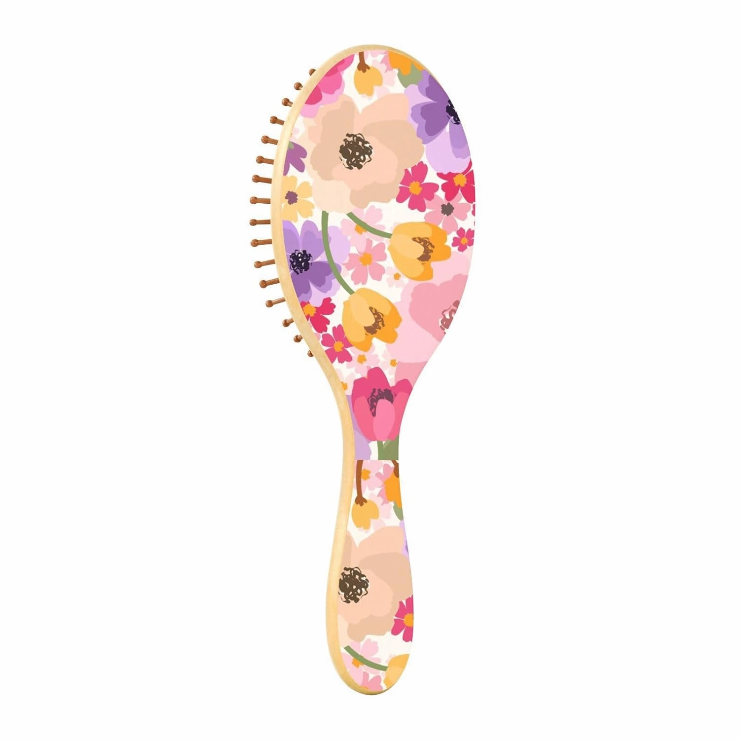Wood Hair Brush Scalp Massage Comb Oval Paddle Detangling Brush Silicone Cushion Massaging Scalp Women Men Wet Dry Curly Thick Thin Hair Pink Floral