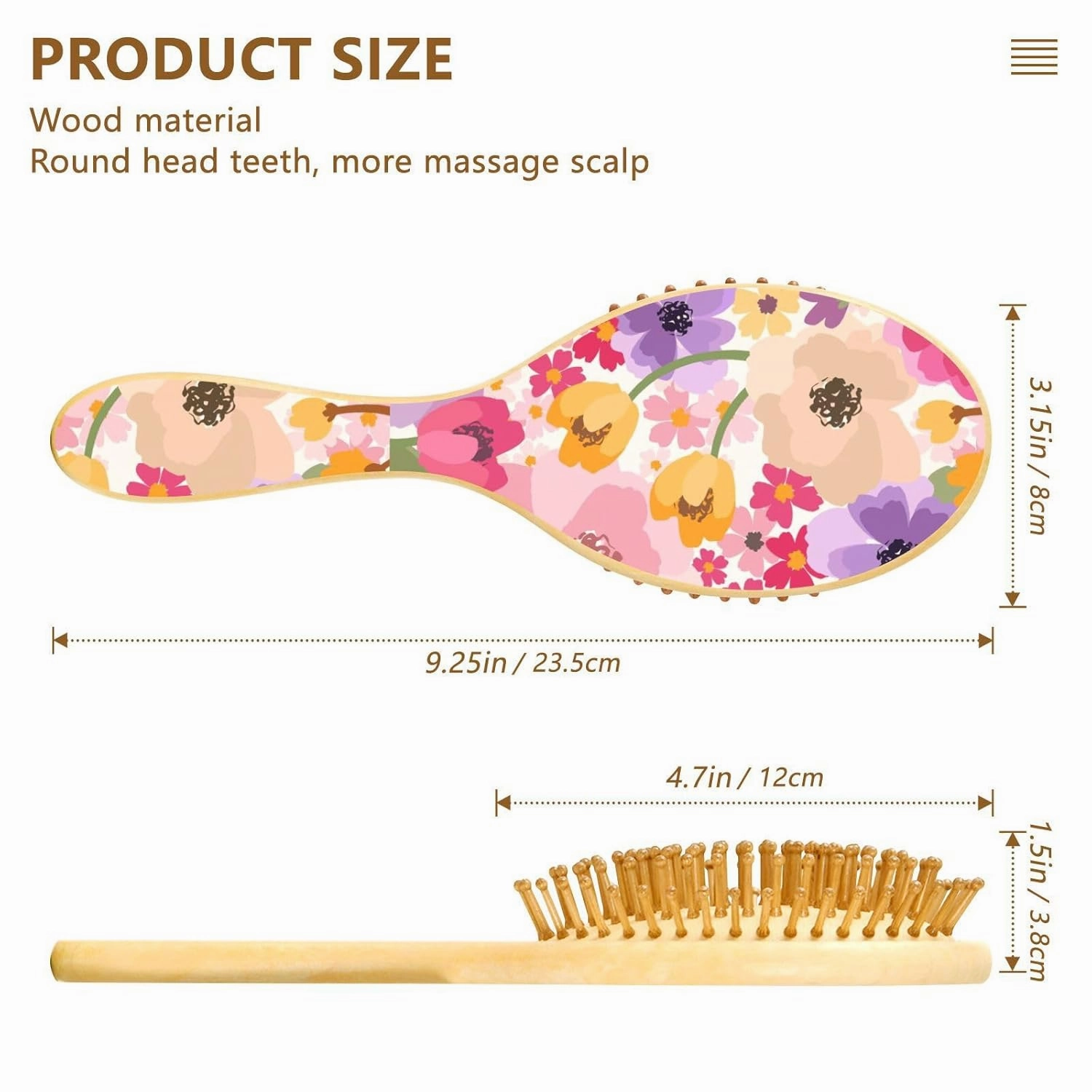 Wood Hair Brush Scalp Massage Comb Oval Paddle Detangling Brush Silicone Cushion Massaging Scalp Women Men Wet Dry Curly Thick Thin Hair Pink Floral