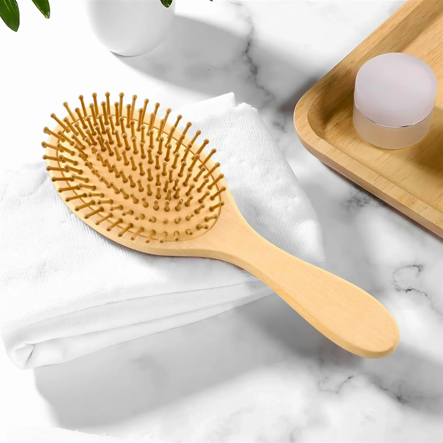 Wood Hair Brush Scalp Massage Comb Oval Paddle Detangling Brush Silicone Cushion Massaging Scalp Women Men Wet Dry Curly Thick Thin Hair Pink Floral