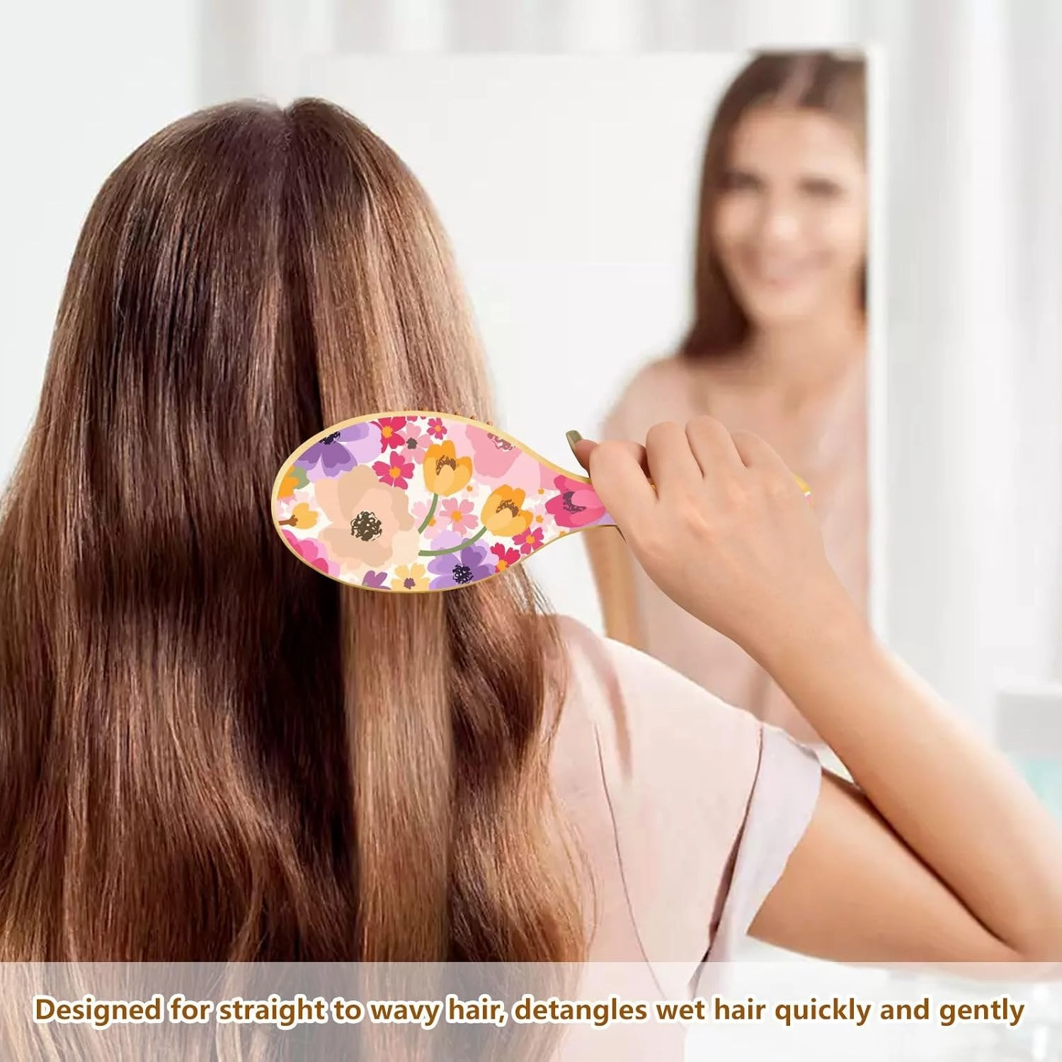 Wood Hair Brush Scalp Massage Comb Oval Paddle Detangling Brush Silicone Cushion Massaging Scalp Women Men Wet Dry Curly Thick Thin Hair Pink Floral