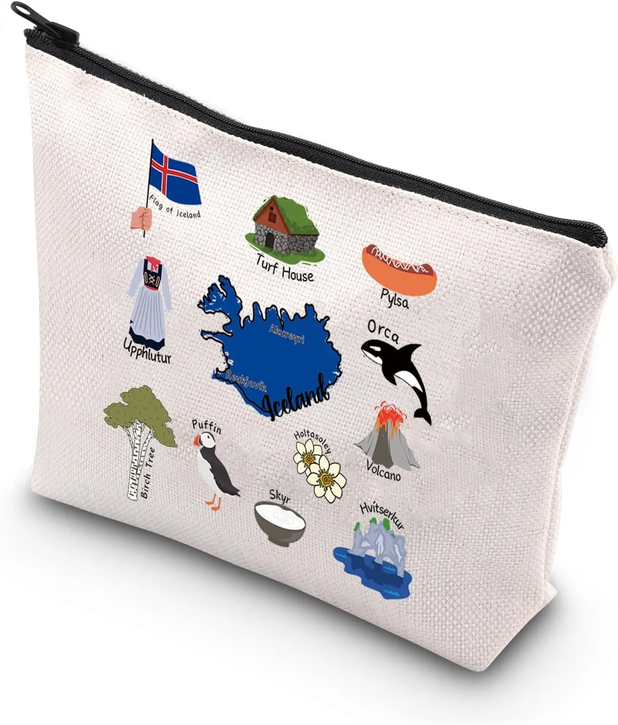 WSNANG Iceland Travel Cosmetic Bag Iceland Vocabulary Makeup Bag Iceland Culture Zipper Pouch Iceland Lover Gifts (Flag of Iceland bag)