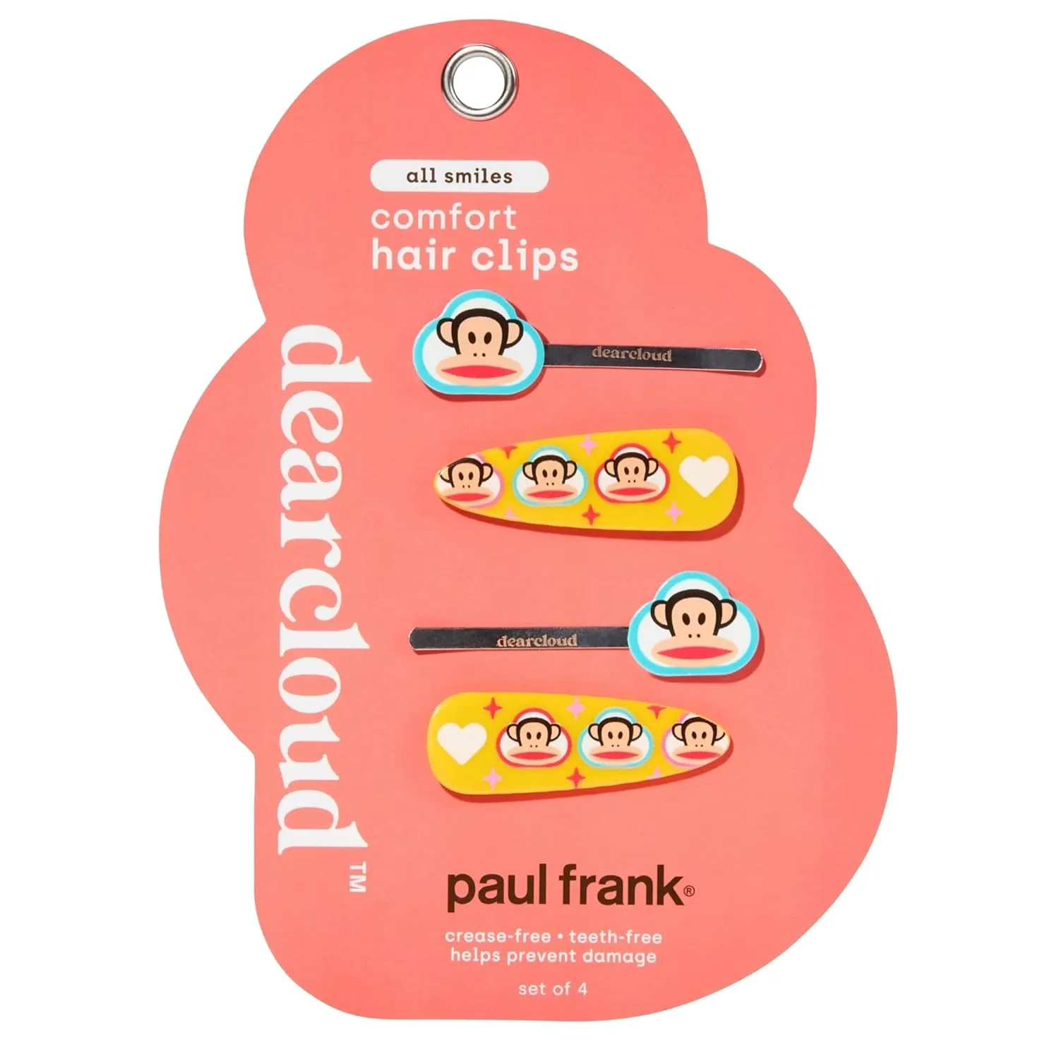 x Paul Frank Crease-Free Hair Clips Set of 4 – No Crease Hair Clips for Women, Teeth-Free & Secure Hold for Styling (All Smiles)