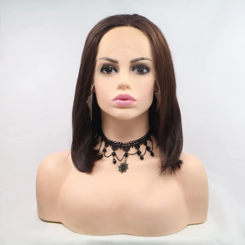 xiweiya Wigs 14" Inches Straight Short Bob Wig Dark Brown Hair Synthetic Lace Front Wig Black Brown Color with Middle Part Heat Resistant Fiber Hair for Women,Drag Queen Family Makeup Party Wear