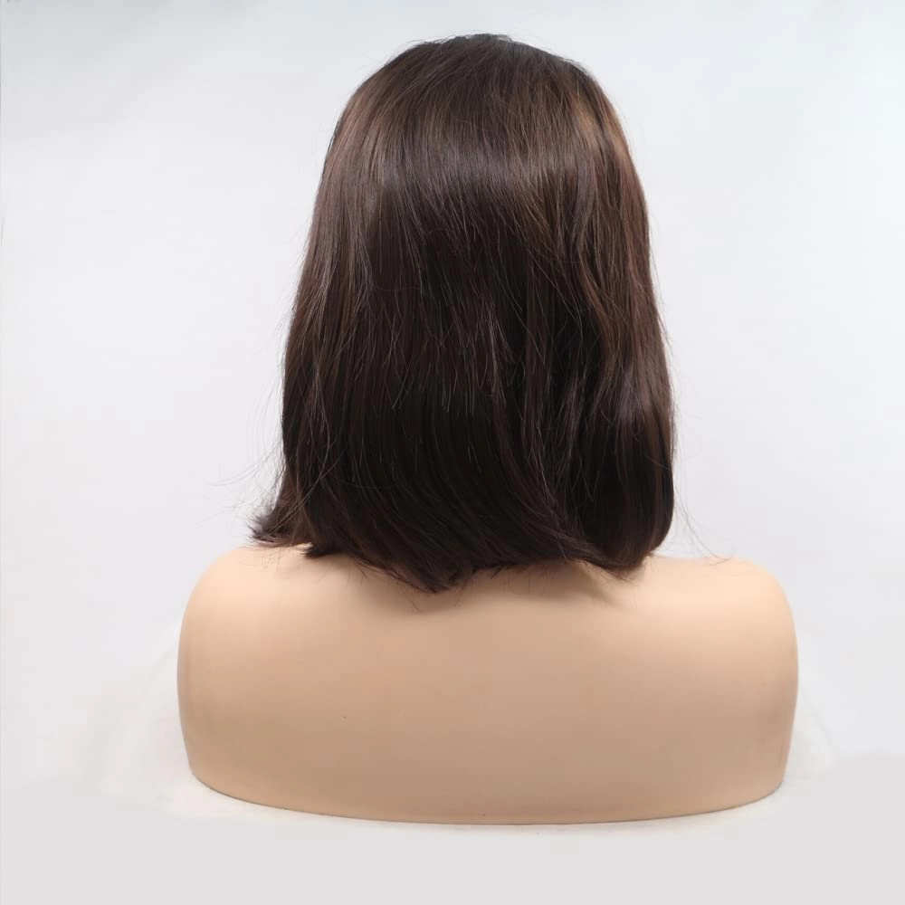 xiweiya Wigs 14" Inches Straight Short Bob Wig Dark Brown Hair Synthetic Lace Front Wig Black Brown Color with Middle Part Heat Resistant Fiber Hair for Women,Drag Queen Family Makeup Party Wear
