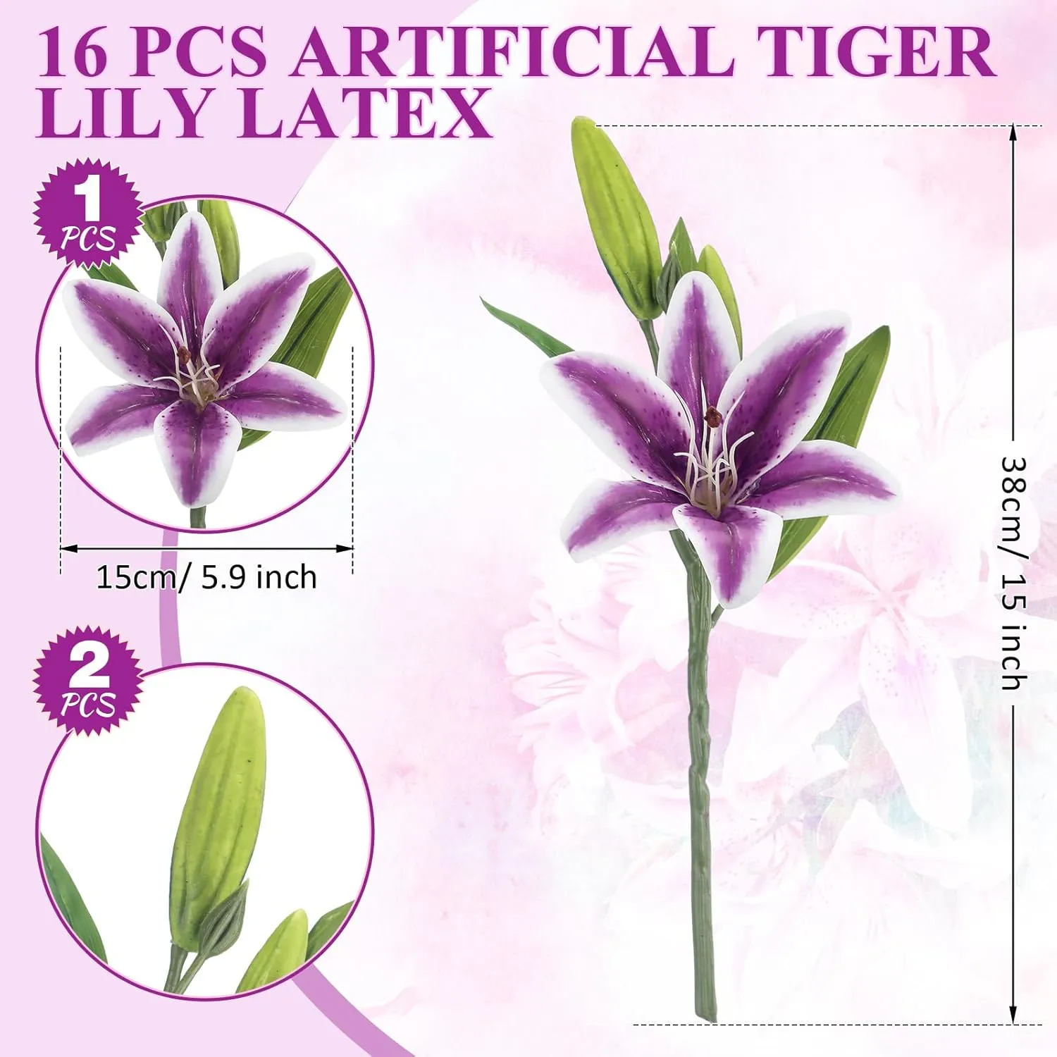 XunYee 16 Pcs Artificial Tiger Lily Flowers Mother's Day Real Touch Lily Latex Lilies Flowers Artificial Bouquet Faux Latex with Rods for Home Decoration Birthday(Purple and Green)