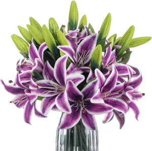 XunYee 16 Pcs Artificial Tiger Lily Flowers Mother's Day Real Touch Lily Latex Lilies Flowers Artificial Bouquet Faux Latex with Rods for Home Decoration Birthday(Purple and Green)