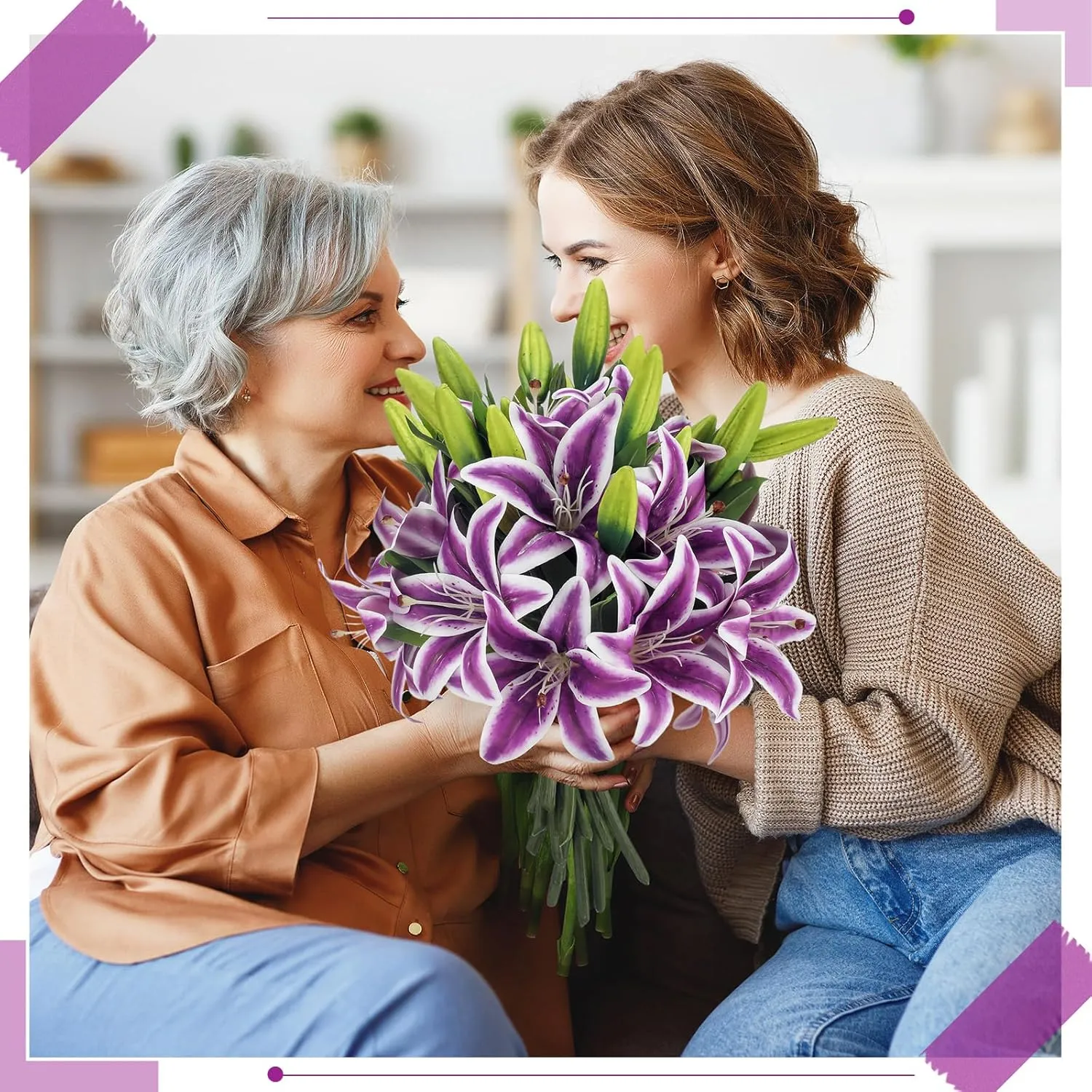 XunYee 16 Pcs Artificial Tiger Lily Flowers Mother's Day Real Touch Lily Latex Lilies Flowers Artificial Bouquet Faux Latex with Rods for Home Decoration Birthday(Purple and Green)