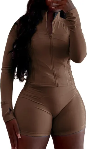 XZLUFNY Two Piece Short Sets for Women Long Sleeve Sport Jacket Bodycon Short Tracksuit Sweatsuit