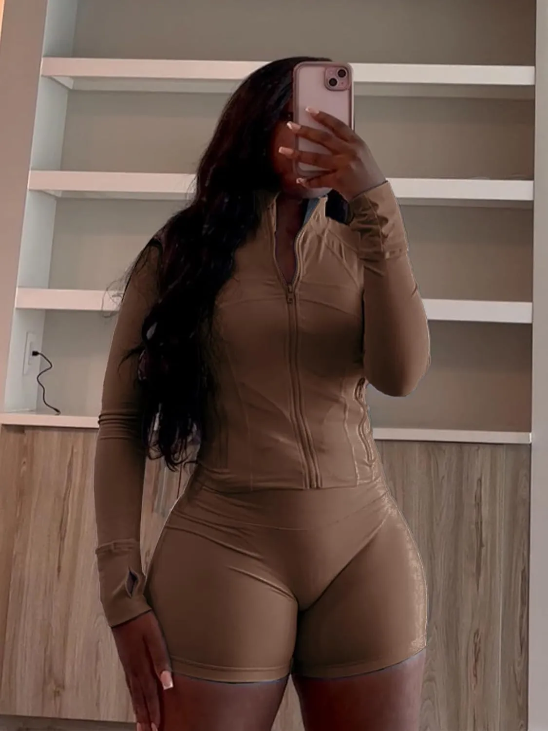 XZLUFNY Two Piece Short Sets for Women Long Sleeve Sport Jacket Bodycon Short Tracksuit Sweatsuit