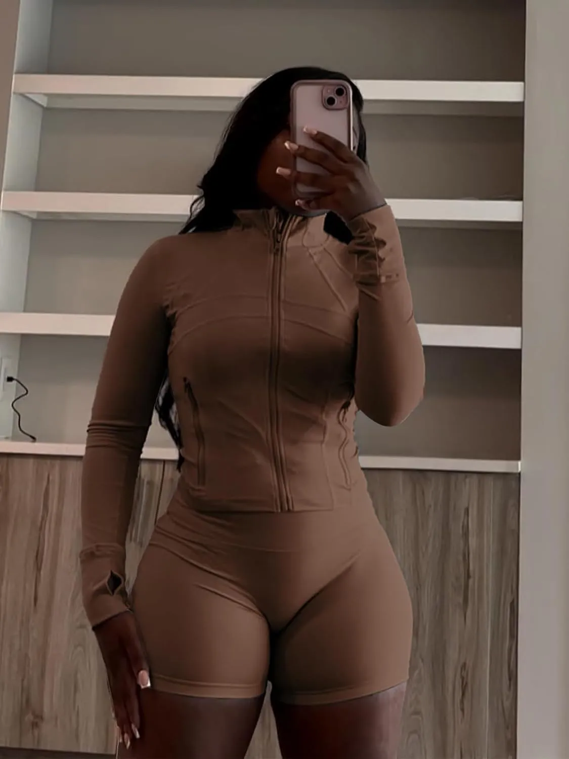 XZLUFNY Two Piece Short Sets for Women Long Sleeve Sport Jacket Bodycon Short Tracksuit Sweatsuit