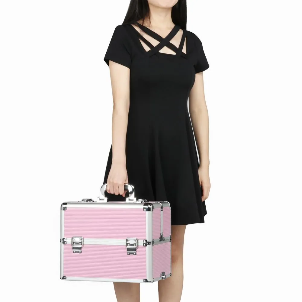 Yaheetech Professional Makeup Train Case 4 in 1 Rolling Cosmetic Trolley Makeup Case Organizer Makeup Travel Case, with 4 Detachable Removable Wheels, Pink