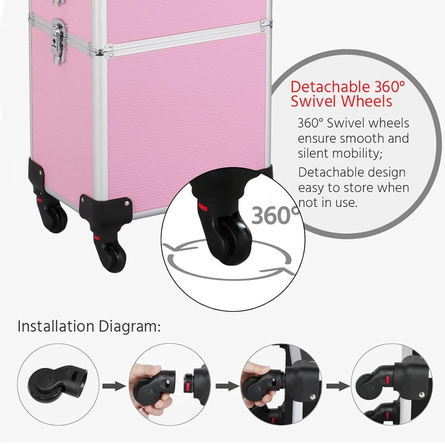 Yaheetech Professional Makeup Train Case 4 in 1 Rolling Cosmetic Trolley Makeup Case Organizer Makeup Travel Case, with 4 Detachable Removable Wheels, Pink