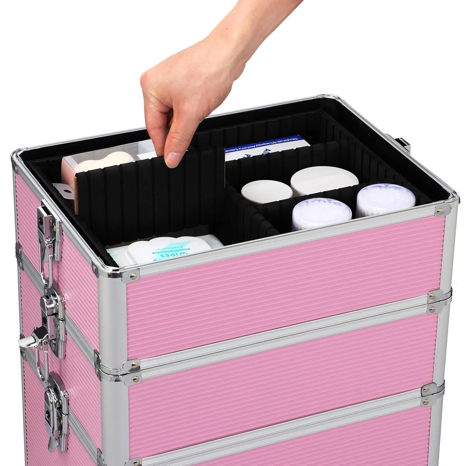 Yaheetech Professional Makeup Train Case 4 in 1 Rolling Cosmetic Trolley Makeup Case Organizer Makeup Travel Case, with 4 Detachable Removable Wheels, Pink