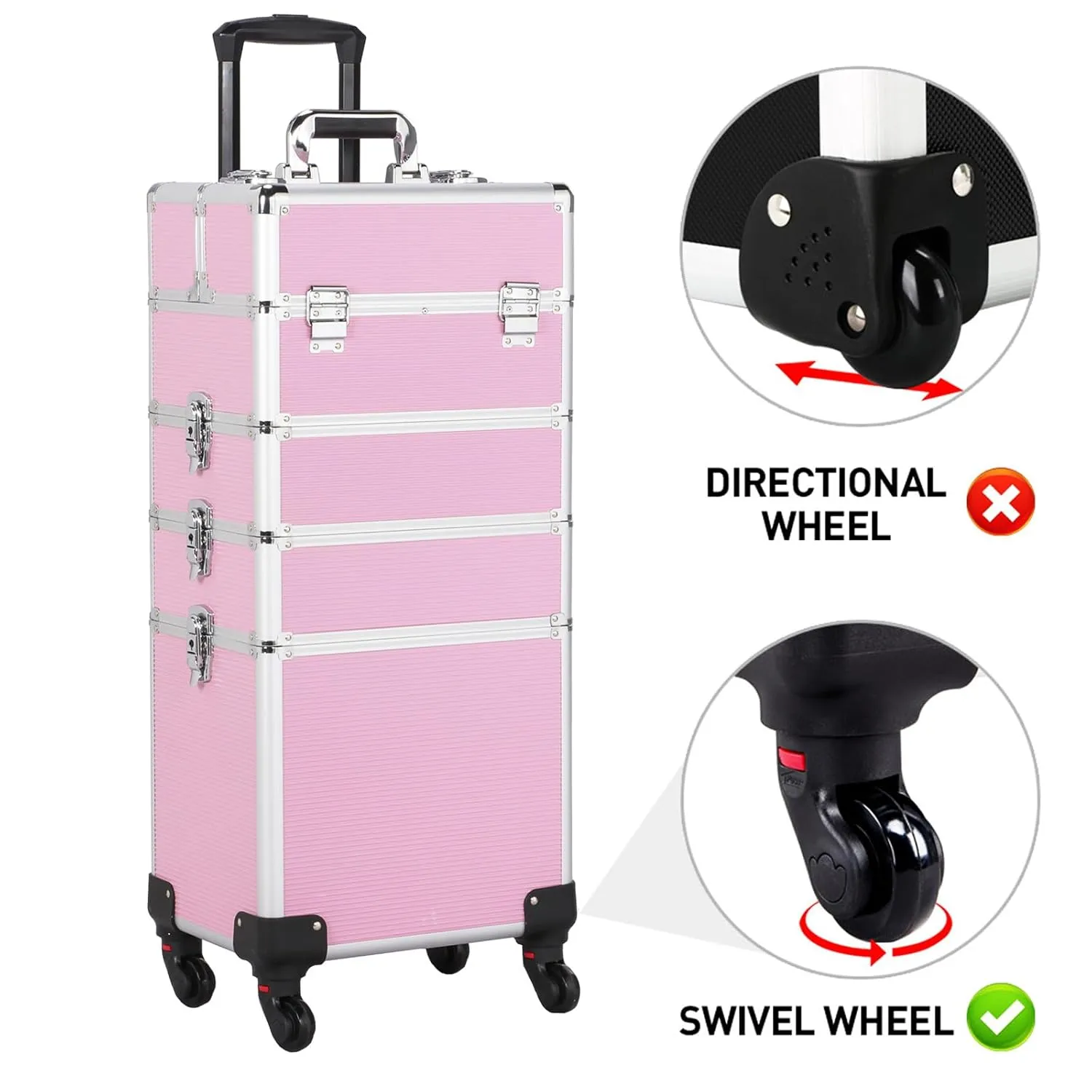 Yaheetech Professional Makeup Train Case 4 in 1 Rolling Cosmetic Trolley Makeup Case Organizer Makeup Travel Case, with 4 Detachable Removable Wheels, Pink