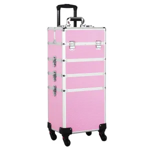 Yaheetech Professional Makeup Train Case 4 in 1 Rolling Cosmetic Trolley Makeup Case Organizer Makeup Travel Case, with 4 Detachable Removable Wheels, Pink