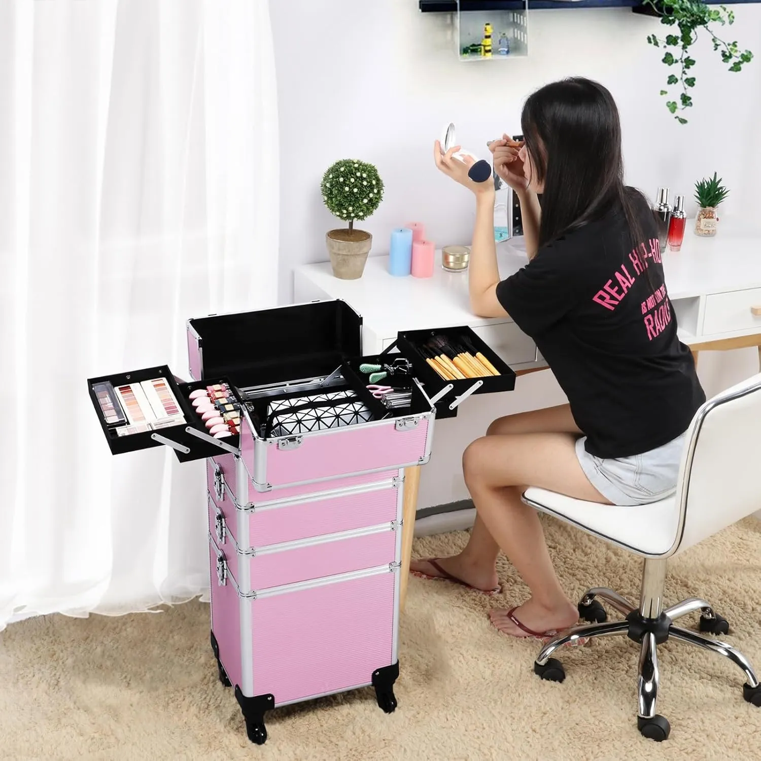 Yaheetech Professional Makeup Train Case 4 in 1 Rolling Cosmetic Trolley Makeup Case Organizer Makeup Travel Case, with 4 Detachable Removable Wheels, Pink