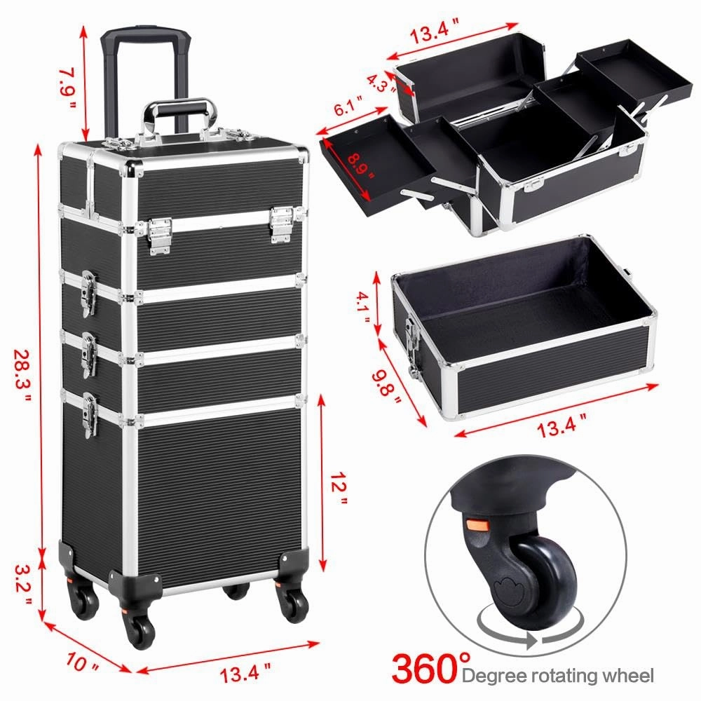 Yaheetech Professional Makeup Train Case 4 in 1 Rolling Cosmetic Trolley Makeup Case Organizer Makeup Travel Case, with 4 Detachable Removable Wheels, Black