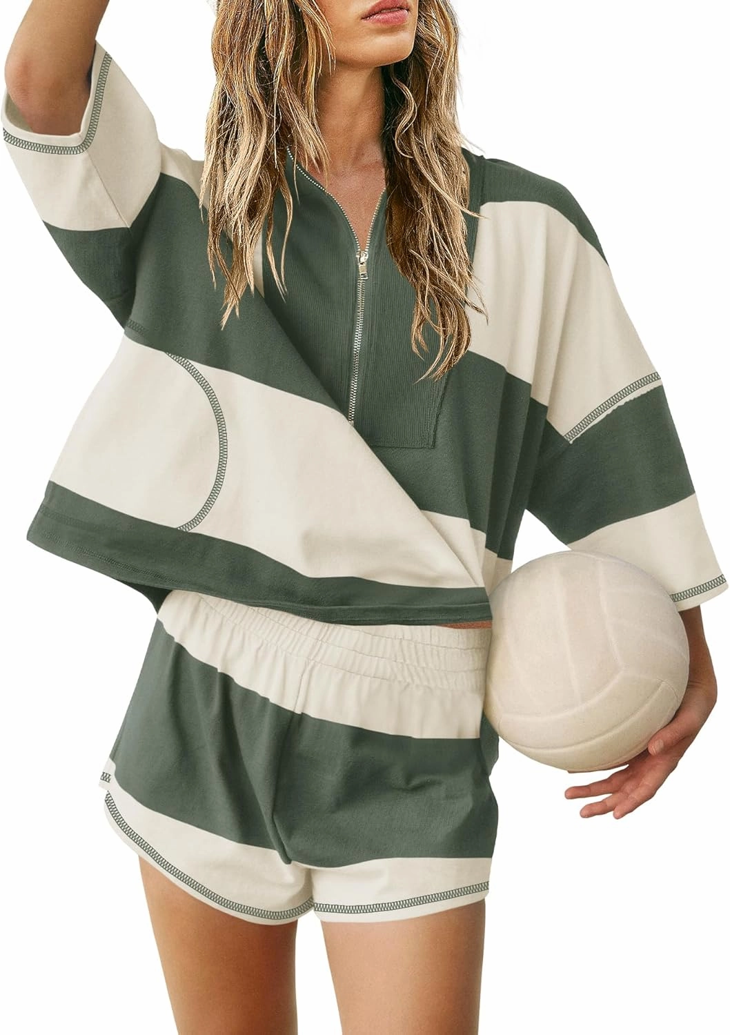 Yanekop Womens 2 Piece Outfits Summer Striped Workout Set Oversized Matching Lounge Sets Quarter Zip Shirt and Shorts
