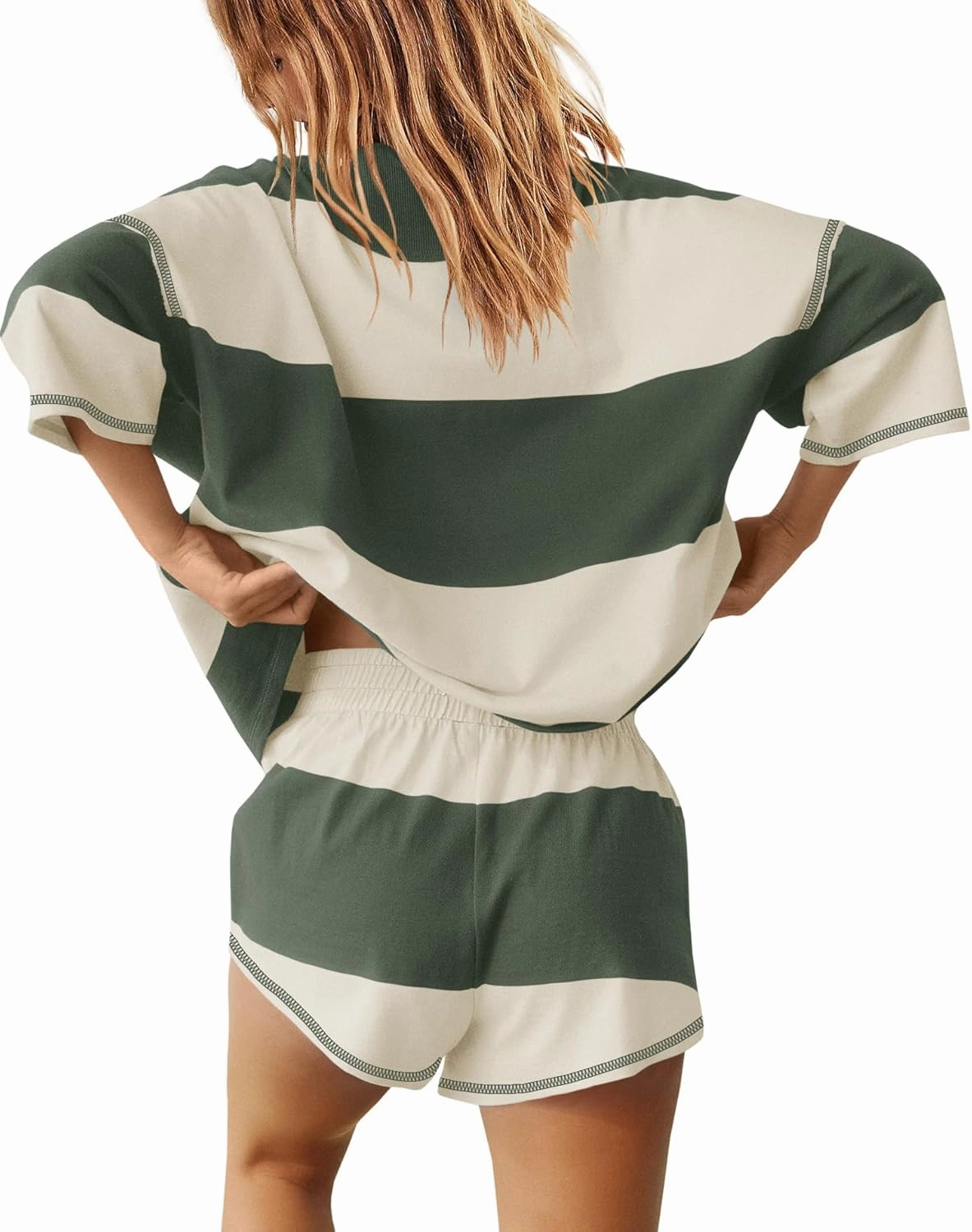 Yanekop Womens 2 Piece Outfits Summer Striped Workout Set Oversized Matching Lounge Sets Quarter Zip Shirt and Shorts