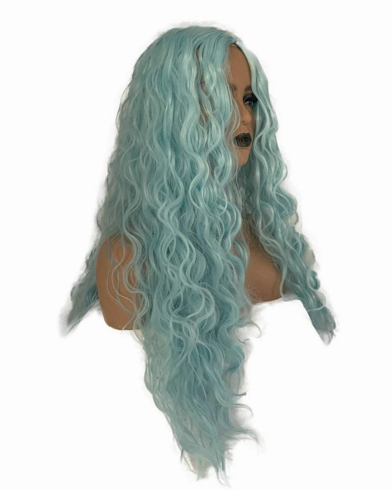 Yina Machine-Made Daily Wear Wig Loose Wave Curly Blue Green Wigs Blend Color Natural Synthetic Fiber Hair for Women Heat Resistant Cosplay Party Makeup Drag Queen 26 Inches
