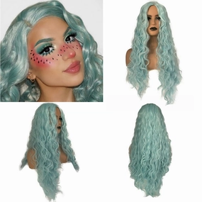 Yina Machine-Made Daily Wear Wig Loose Wave Curly Blue Green Wigs Blend Color Natural Synthetic Fiber Hair for Women Heat Resistant Cosplay Party Makeup Drag Queen 26 Inches