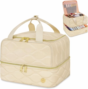 YOREPEK Travel Makeup Organizer Bag, 2-Layer Cosmetic Bags for Women, Portable Makeup Box Cases for Daily Use, Skincare, Brushes, Powders, Palettes, Makeup Tools– cosmetiquera para maquillaje，Beige
