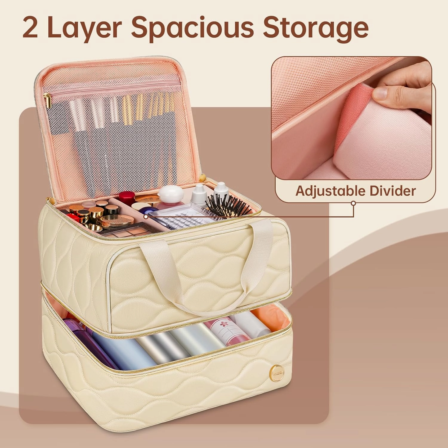 YOREPEK Travel Makeup Organizer Bag, 2-Layer Cosmetic Bags for Women, Portable Makeup Box Cases for Daily Use, Skincare, Brushes, Powders, Palettes, Makeup Tools– cosmetiquera para maquillaje，Beige