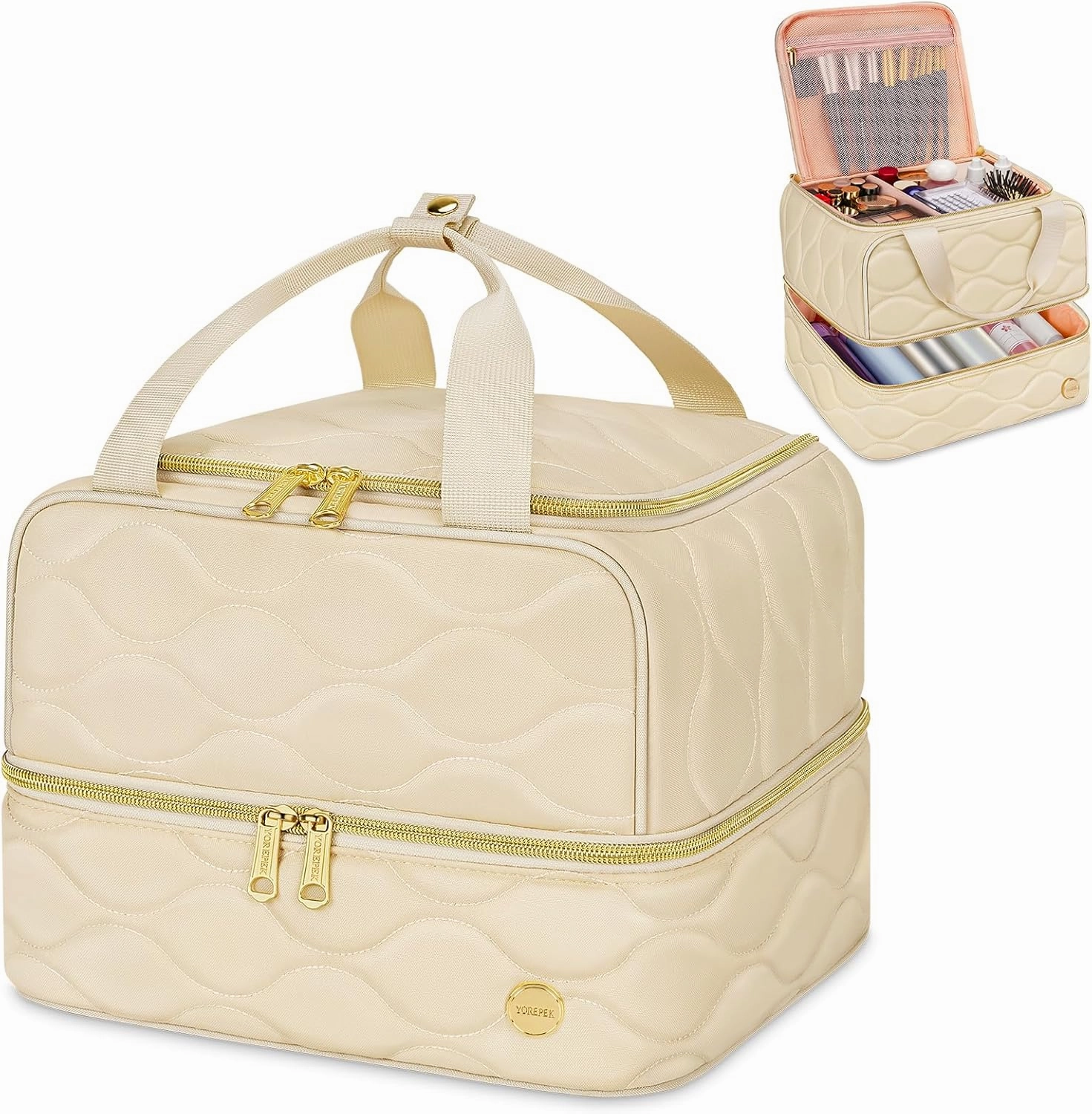 YOREPEK Travel Makeup Organizer Bag, 2-Layer Cosmetic Bags for Women, Portable Makeup Box Cases for Daily Use, Skincare, Brushes, Powders, Palettes, Makeup Tools– cosmetiquera para maquillaje，Beige
