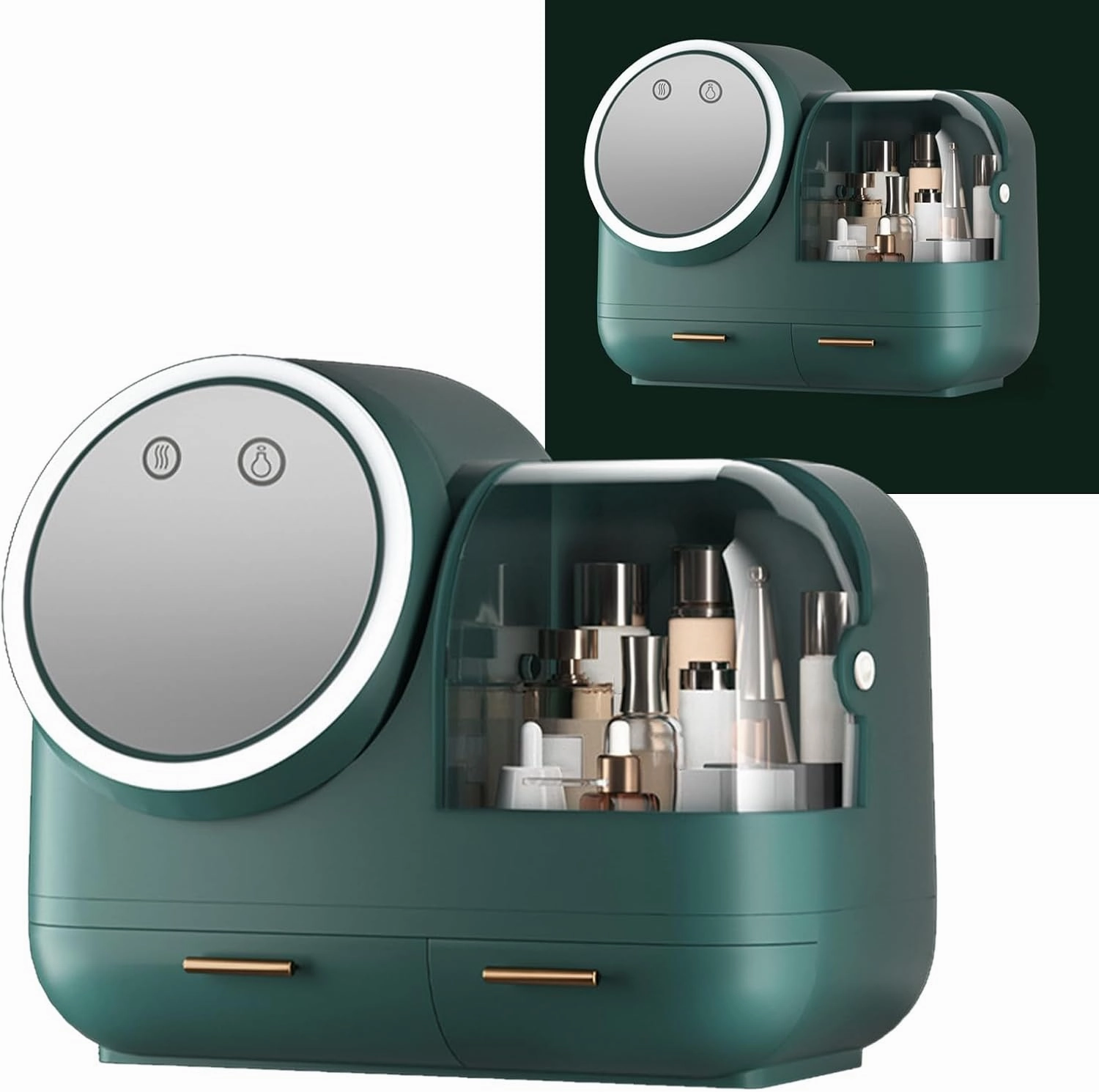 Yosoo Large Capacity LED Light Mirror Fan Makeup Case Portable Storage Box Women Mirror Fan Makeup Case LED Light Large Capacity Storage Box Portable with ABS Plastic Organizer (Green)