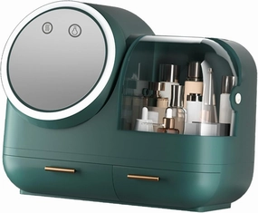 Yosoo Large Capacity LED Light Mirror Fan Makeup Case Portable Storage Box Women Mirror Fan Makeup Case LED Light Large Capacity Storage Box Portable with ABS Plastic Organizer (Green)