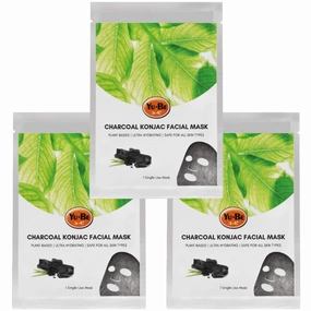 Yu-Be Facial Mask: Bamboo Charcoal | Plant-Based Konjac Sheet Mask Cleanses Pores | Hydrates, Firms, & Smooths Skin - 3 sheets