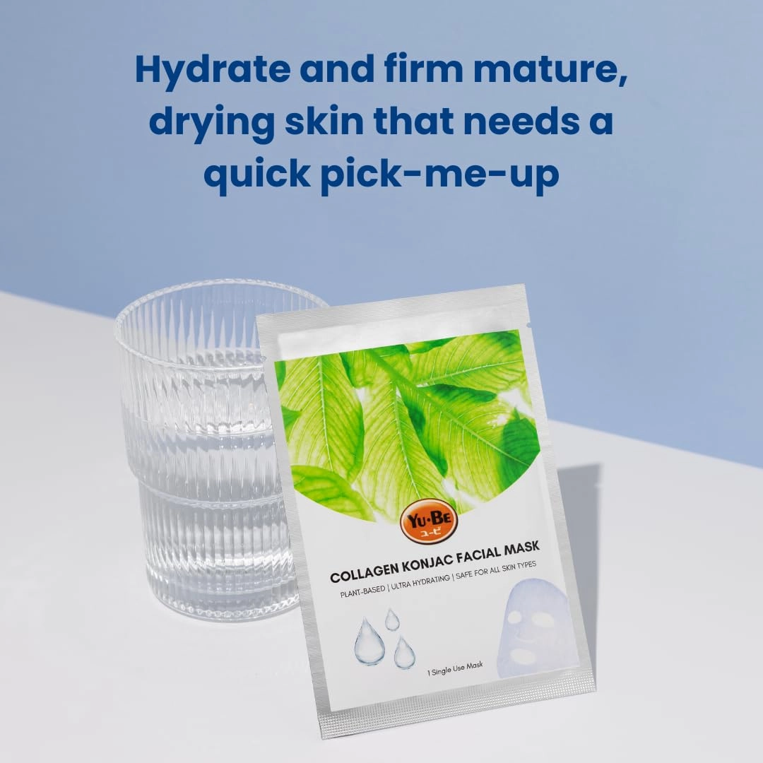 Yu-Be Facial Mask: Skin Firming Collagen | Plant-Based Konjac Sheet Mask Moisturizes, Softens, Nourishes, & Firms Mature Skin | Improves Tone & Texture | Home Spa Masks