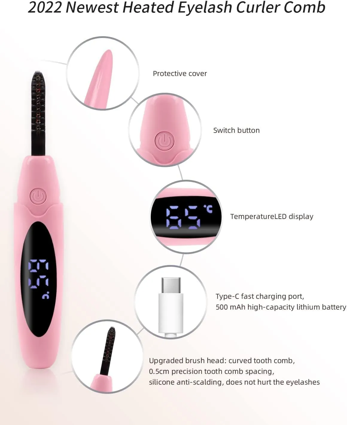 ZAPAL Heated Lash Curler, Rechargeable Heated Eyelash Curler, Intelligent Power Off Electric Eyelash Curler Heated Quickly 24 Hs Lasting Natural Makeup for Woman - Pink