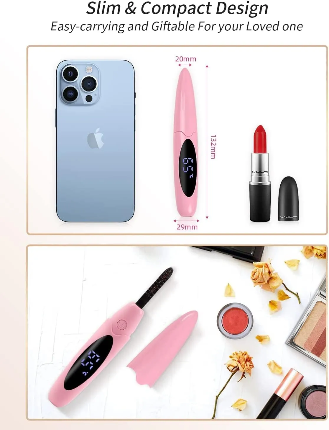 ZAPAL Heated Lash Curler, Rechargeable Heated Eyelash Curler, Intelligent Power Off Electric Eyelash Curler Heated Quickly 24 Hs Lasting Natural Makeup for Woman - Pink