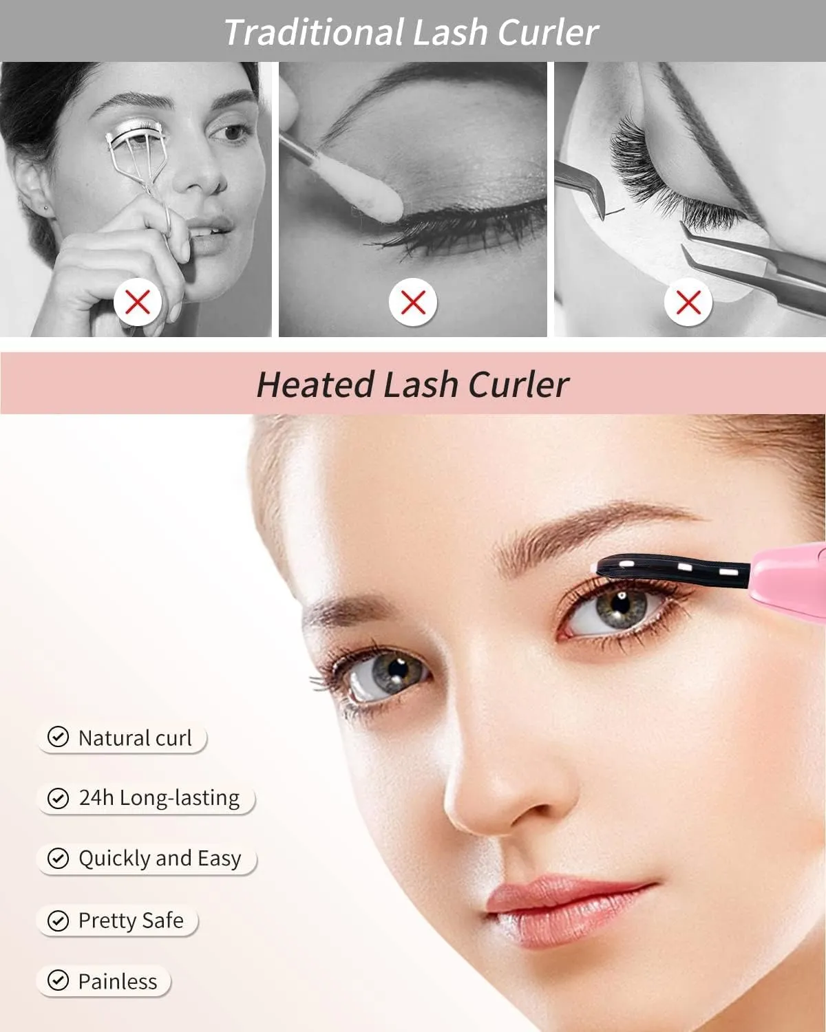 ZAPAL Heated Lash Curler, Rechargeable Heated Eyelash Curler, Intelligent Power Off Electric Eyelash Curler Heated Quickly 24 Hs Lasting Natural Makeup for Woman - Pink