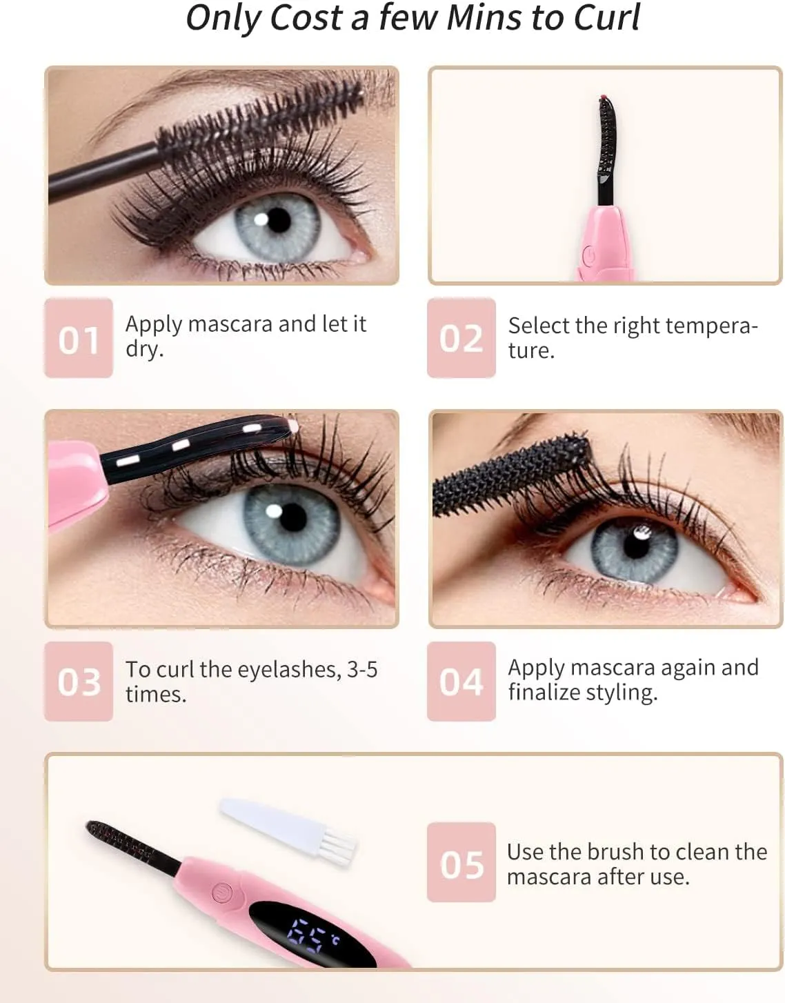 ZAPAL Heated Lash Curler, Rechargeable Heated Eyelash Curler, Intelligent Power Off Electric Eyelash Curler Heated Quickly 24 Hs Lasting Natural Makeup for Woman - Pink