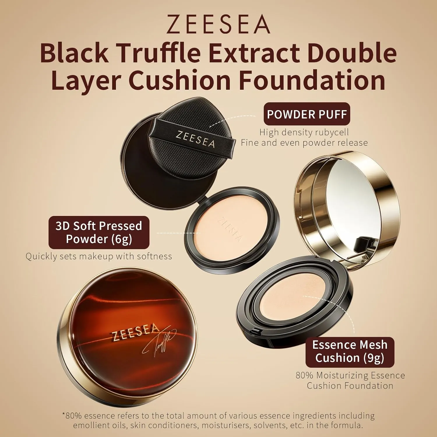 zeesea 2 in 1 Black Truffle Cushion Foundation,Makeup Double Layer Cushion BB Cream &Setting Powder for Oil Control,Tinted Moisturizer,Long-lasting, Natural, 0.32   0.18oz (9g   6g)