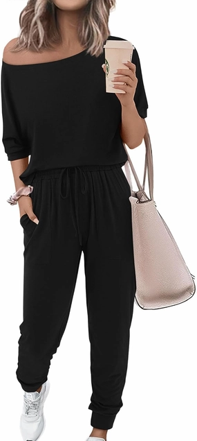Zenlonr Women Summer 2 Piece Outfits 2025 Off Shoulder Short Sleeve Tops Elastic Waist Drawstring Long Pants Tracksuit